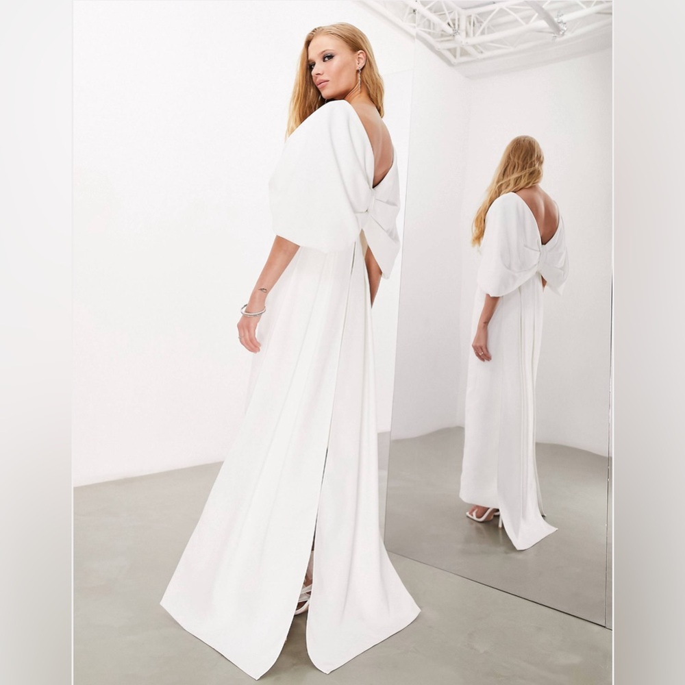 NWT {ASOS DESIGN} Dahlia Crepe Bow Back Maxi Wedding Dress in Ivory